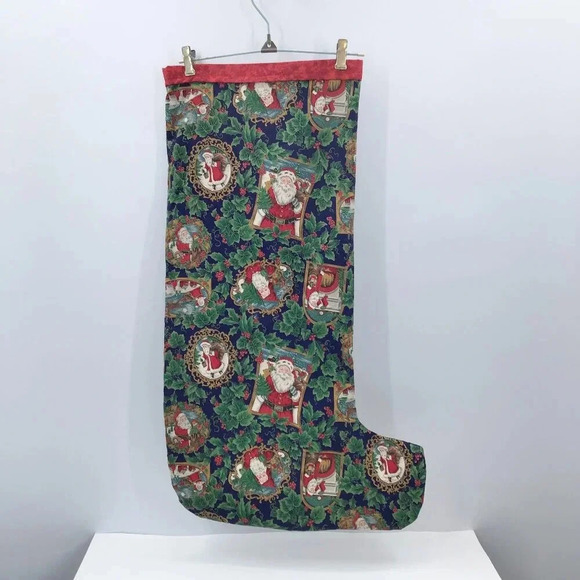 Vintage Handmade GIANT Christmas Stocking Santa Claus Holly Cottagecore Nordic - Picture 1 of 10
